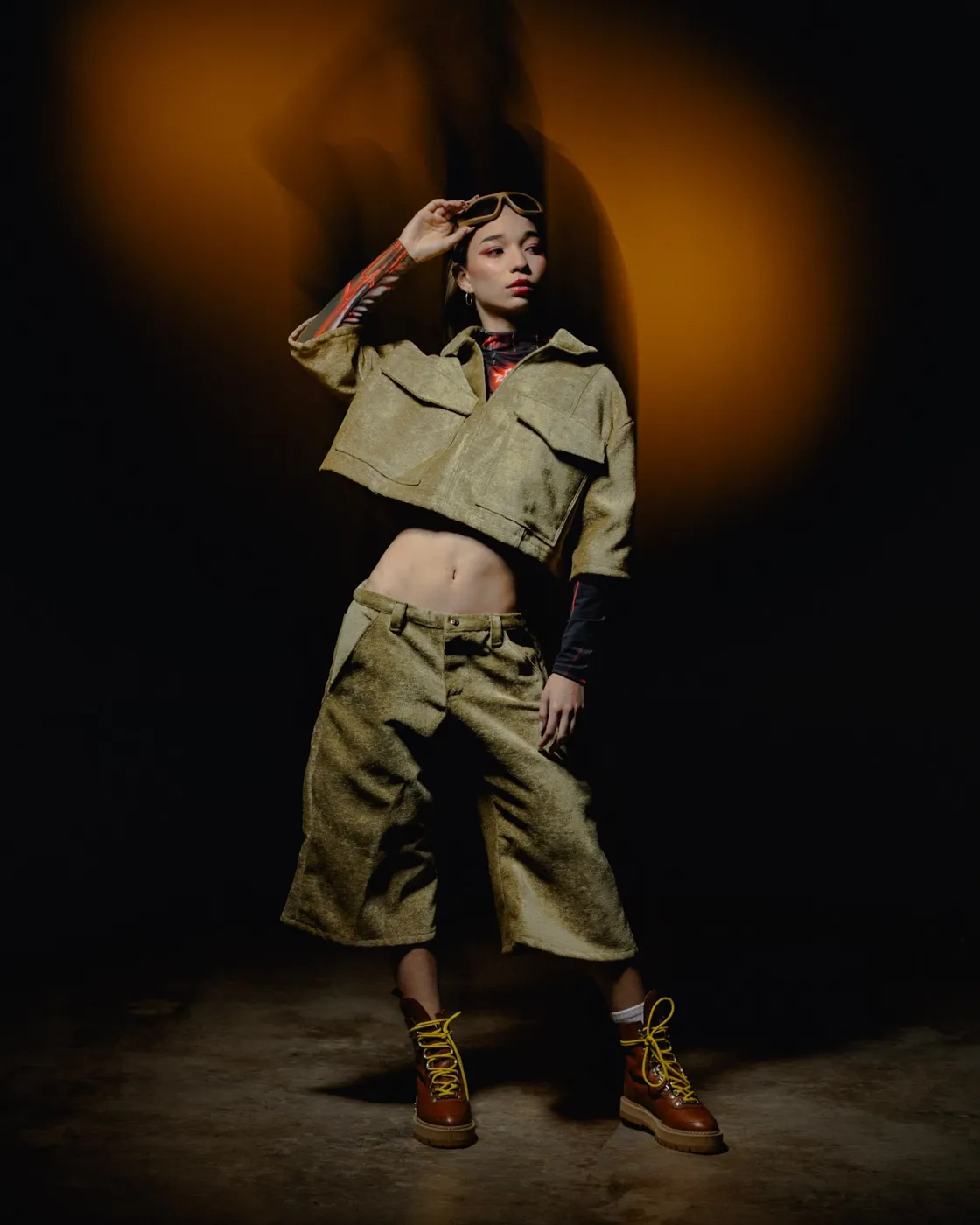 APEREIRA studio campaign: Olive cropped jacket and shorts