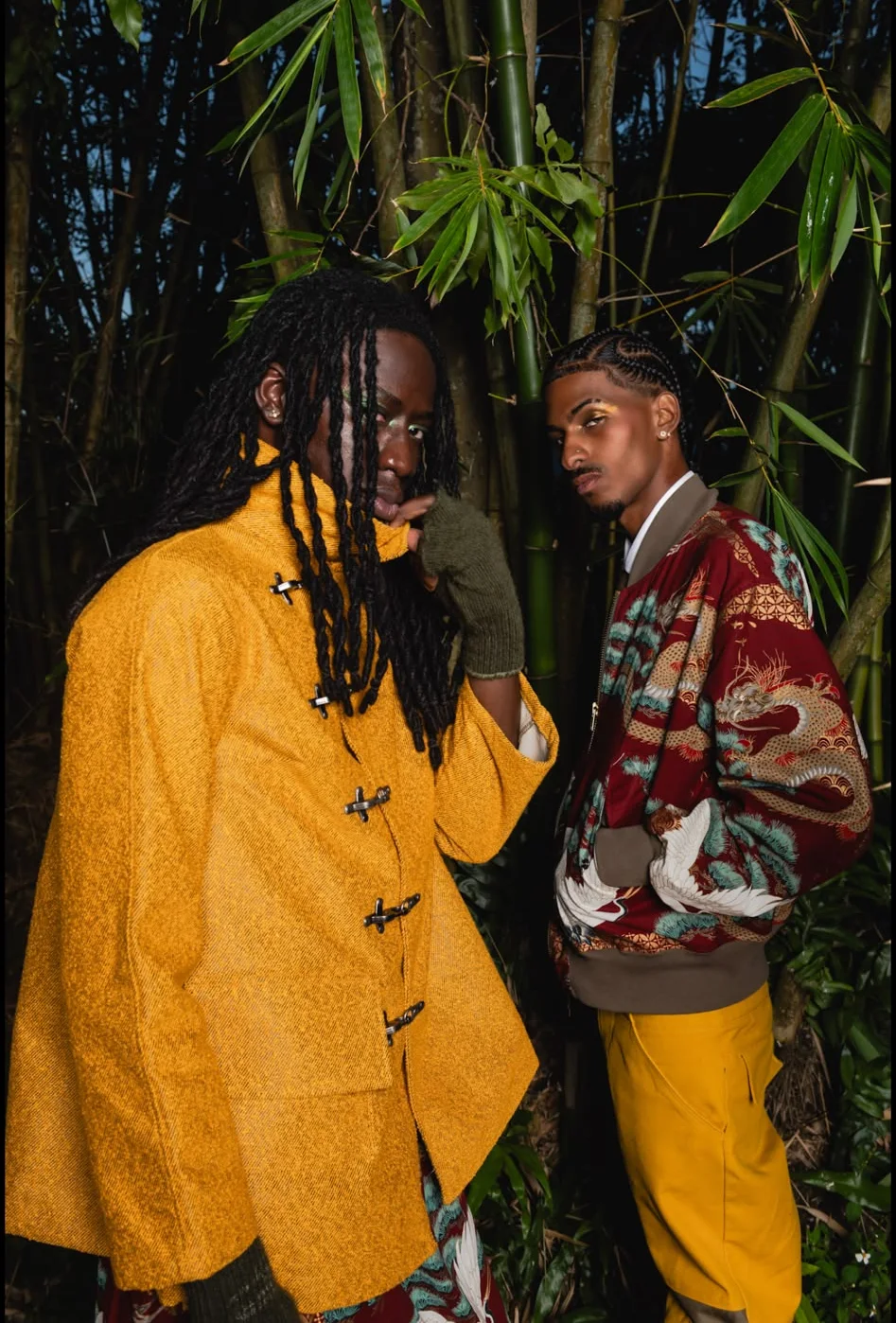APEREIRA exterior campaign: mustard jacket and printed bomber in bamboo